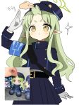  1girl 1other :< adjusting_another's_hair armband bag belt black_tail blue_archive blue_armband buttons commentary_request disembodied_hand double-breasted gloves green_hair green_halo halo hat highres hikari_(blue_archive) hutomomo117 light_blush long_hair long_sidelocks missing_tail peaked_cap pointy_ears reference_inset salute short_eyebrows shoulder_bag sidelocks simple_background solo_focus sparkle train_conductor white_background white_gloves yellow_eyes 