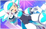  1girl :d ;d android artist_name blue_hair boots border buckhori159 commentary covered_navel dutch_angle english_commentary gloves helmet highres looking_at_viewer mega_man:_dual_override mega_man_(classic) mega_man_(series) one_eye_closed orange_eyes outline smile solo twinkle_girl twintails v white_border white_gloves white_helmet white_outline 