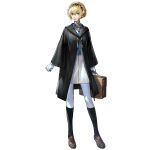  1girl aigis_(persona) android aqua_eyes arknights bag black_coat black_hairband black_socks blonde_hair blue_necktie brown_bag brown_shoes coat emblem full_body game_asset gloves gold_trim hair_between_eyes hairband highres holding holding_bag hood hooded_coat kneehighs laterano_school_uniform loafers long_shirt looking_at_viewer necktie non-web_source official_art pants parted_lips persona persona_3 persona_3_reload robot_ears school_bag school_uniform shirt shoes short_hair simple_background socks solo standing studio_montagne tachi-e transparent_background white_gloves white_pants white_shirt wide_sleeves 