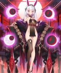  1girl :< absurdly_long_hair absurdres animal_ears architecture armband bare_shoulders beads black_armband black_hairband black_kimono black_sandals black_thighhighs blunt_bangs breasts cleavage cleavage_cutout clothing_cutout collarbone commentary_request east_asian_architecture evertale full_moon fur-trimmed_kimono fur_trim gold groin hairband highres japanese_clothes kaguya_(evertale) kimono large_breasts legwear_cutout long_hair long_legs looking_at_viewer moon multiple_moons navel no_panties official_art okobo pelvic_curtain platform_sandals popqn prayer_beads purple_mist rabbit_ears rabbit_girl red_eyes red_sky revealing_clothes sandals second-party_source sideboob sideless_outfit single_sock single_thighhigh sky socks standing tassel thigh_gap thighhighs very_long_hair white_hair 