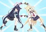  2girls animal_ear_fluff animal_ears black_hair blonde_hair blue_archive blush cat_ears cat_girl commentary_request fusion_dance green_eyes hair_between_eyes halo highres kurumi_(blue_archive) long_hair long_sleeves looking_at_viewer mochizuki_riku multiple_girls neckerchief open_mouth pink_halo red_eyes red_neckerchief sailor_collar school_uniform serafuku serika_(blue_archive) shirt skirt twintails very_long_hair white_shirt 