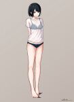  1girl arms_behind_back barefoot black_hair blue_bra blue_panties blush bra closed_mouth collarbone commentary_request feet full_body grey_background highres navel no_pants original panties see-through_clothes see-through_shirt shirt short_hair short_sleeves signature simple_background smile solo split_mouth standing stomach t-shirt takimoto_nao toes underwear variant_set white_shirt 