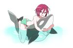  1boy afloat aged_down barefoot commentary_request free! full_body highres hinabu inflatable_orca inflatable_toy male_focus male_swimwear matsuoka_rin open_mouth red_hair short_hair smile solo swim_briefs topless_male wet wet_hair white_background 