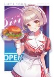  1girl apron artist_name blunt_bangs blush border brown_hair burger closed_mouth collared_dress commentary_request dress drop_shadow eyelashes food french_fries hair_intakes highres holding holding_plate indie_virtual_youtuber kamogawa_akira kamogawa_akira_(vtuber) lettuce open_sign orange_eyes plate puffy_short_sleeves puffy_sleeves red_dress short_hair short_sleeves smile solo striped_clothes striped_dress vertical-striped_clothes vertical-striped_dress virtual_youtuber waitress white_apron white_border white_headdress 