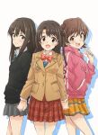  3girls aqua_eyes black_jacket blush bow brown_eyes brown_hair brown_jacket closed_mouth commentary_request drop_shadow eyelashes grey_skirt hair_between_eyes highres holding_hands honda_mio hood hood_down hooded_jacket idolmaster idolmaster_cinderella_girls jacket long_hair long_sleeves multiple_girls new_generations_(idolmaster) one_side_up open_mouth orange_skirt pink_jacket red_bow red_skirt sekiya_kuzuyu shibuya_rin shimamura_uzuki short_hair simple_background skirt smile split_mouth white_background 