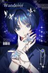  1boy alternate_costume barcode bishounen black_hair black_jacket black_shirt blue_background blue_gem blunt_ends brooch butterfly_hair_ornament butterfly_ring chain character_name collared_shirt commentary contemporary dress_shirt english_text eyeliner formal_clothes gem genshin_impact glint gold_chain grey_eyes hair_intakes hair_ornament hand_on_own_wrist hands_up highres jacket jacket_on_shoulders jewelry looking_at_viewer lower_eyelashes_only makeup male_focus open_hand open_mouth ornate_ring portrait red_eyeliner ring scaramouche_(genshin_impact) shadow shirt solo suit_jacket tsurime undershirt untranslatable_commentary wanderer_(genshin_impact) white_mouth wispy_bangs wrist_chain yuseol_art 