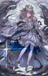  1girl absurdres ambience_synesthesia animal_ear_fluff animal_ears arknights boots braid chinese_commentary closed_mouth commentary_request detached_sleeves dress full_body glint grey_background grey_eyes grey_hair hair_between_eyes hands_up highres jewelry long_hair long_sleeves looking_at_viewer necklace official_alternate_costume own_hands_together pantyhose pramanix_(arknights) pramanix_the_prerita_(arknights) pramanix_the_prerita_(hymn_to_sunbreak)_(arknights) snow_leopard_ears snow_leopard_girl snow_leopard_tail solo standing tail twin_braids very_long_hair white_boots white_dress white_pantyhose yanyan_blazee 