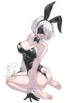  1girl 2b_(nier:automata) animal_ears bare_legs bare_shoulders barefoot beneceadraws black_bow black_bowtie black_gloves black_leotard blindfold bob_cut bow bowtie breasts covered_eyes detached_collar duplicate fake_animal_ears fake_tail feet full_body gloves hair_over_one_eye large_breasts legs leotard lossy-lossless mole mole_under_mouth nier:automata nier_(series) non-web_source playboy_bunny rabbit_ears rabbit_tail short_hair simple_background sitting soles solo strapless strapless_leotard swept_bangs tail toes wariza watermark white_background white_hair wrist_cuffs 