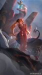 1girl absurdres artist_name awoodden bodysuit closed_mouth crossover green_eyes hand_on_own_chest highres horns magus_(zenless_zone_zero) mecha_pilot_suit neon_genesis_evangelion no_lineart orange_hair orphie_magnusson plugsuit_(evangelion) poster_(medium) red_bodysuit scenery sheep_horns solo souryuu_asuka_langley thighs twintails zenless_zone_zero 