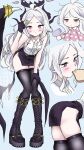  1girl adjusting_hair ahoge ass black_halo black_horns black_thighhighs blue_archive blush boots bread bread_slice breasts center_frills commentary demon_girl demon_horns demon_wings eating food food_in_mouth frills hair_dryer halo hina_(blue_archive) hina_(pajamas)_(blue_archive) holding holding_hair_dryer horns leaning_forward long_hair low_wings multiple_horns multiple_views no_panties pajamas parted_bangs pink_pajamas polka_dot polka_dot_pajamas purple_eyes purple_halo purple_wings shirt shirubaa side_slit sleeveless sleeveless_shirt small_breasts thighhighs white_hair white_shirt wings zettai_ryouiki 