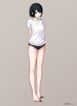  1girl arms_behind_back barefoot blue_panties blush brown_eyes closed_mouth collarbone commentary_request feet full_body grey_background highres no_pants original panties shirt short_sleeves signature simple_background smile solo split_mouth standing t-shirt takimoto_nao toes underwear variant_set white_shirt 