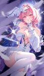  1girl absurdres arm_up armpits bare_shoulders blush breasts chinese_commentary cleavage commentary_request cowboy_shot detached_sleeves dress erjiaxianyu falling_feathers feathered_wings feathers finger_to_mouth hair_intakes hair_ornament hand_on_own_forehead highres knee_up large_breasts long_sleeves looking_at_viewer medium_hair multicolored_eyes parted_lips pink_eyes pink_hair pointy_ears purple_nails remielle_dan smile solo thighhighs two-tone_eyes white_dress white_feathers white_sleeves white_thighhighs white_wings wings yellow_eyes zenless_zone_zero 