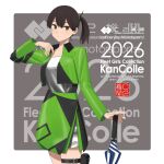  1girl black_hair brown_eyes c2_race_queen_uniform commentary_request cropped_jacket green_jacket green_skirt grey_tube_top jacket kaga_(kancolle) kaga_(race_queen)_(kancolle) kantai_collection medium_hair miniskirt official_art planted planted_umbrella race_queen shibafu_(glock23) short_side_ponytail side_ponytail skirt solo strapless thigh_strap translation_request tube_top two-tone_skirt umbrella zoom_layer 