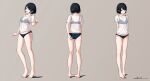  1girl arms_behind_back barefoot black_hair blue_bra blue_panties blush bra brown_eyes collarbone commentary_request feet from_behind full_body grey_background multiple_views navel no_pants open_mouth original panties see-through_clothes see-through_shirt shirt short_hair short_sleeves signature simple_background smile standing stomach t-shirt takimoto_nao toes underwear variant_set white_shirt 