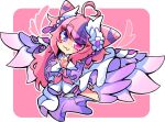  1girl ahoge chibi cone_hair_bun dress fang hair_bun hair_ornament heart heart_ahoge heterochromia highres ironmouse ironmouse_(fallen_angel) long_hair looking_at_viewer multicolored_hair pink_eyes pink_hair purple_eyes purple_hair skin_fang solo streaked_hair virtual_youtuber vshojo white_dress wing_hair_ornament wings x3dustco 
