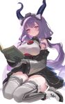  1girl absurdres arknights arknights:_endfield bare_shoulders black_gloves black_horns book breasts closed_mouth commentary_request detached_sleeves framed_breasts gloves grey_thighhighs hairband highres holding holding_book horns large_breasts long_hair looking_at_viewer mole mole_on_thigh open_book pdxen purple_eyes purple_hair simple_background sitting solo tail thighhighs typhoeus_(arknights) typhon_(arknights) wariza white_background 