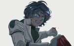  angry blood blood_on_hand blue_eyes blue_hair canon_event char_aznable commentary_request crying crying_with_eyes_open dueltildie gundam highres jacket kamille_bidan korean_commentary male_focus mecha_pilot_suit normal_suit_(gundam) punching quattro_bajeena red_jacket tears white_background zeta_gundam 