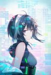  1girl ai-generated arknights artist_request bare_shoulders black_eyes black_hair breasts commentary feather_hair from_side hair_ornament hairclip highres infection_monitor_(arknights) jacket la_pluma_(arknights) looking_at_viewer looking_to_the_side medium_breasts shirt short_hair solo swept_bangs turning_head 