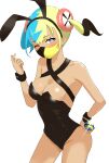  1girl animal_ears black_hairband black_leotard blue_eyes breasts bright_pupils canari_(pokemon) cleavage commentary cowboy_shot eyelashes fake_animal_ears glint hairband hand_on_own_hip highres holding holding_poke_ball leotard mask matsuokalive10 mouth_mask multicolored_hair playboy_bunny poke_ball pokemon pokemon_legends:_z-a quick_ball rabbit_ears simple_background solo twintails white_background white_pupils wrist_cuffs 