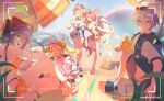  1boy 4girls absurdres ahoge animal_ears bare_shoulders beach belle_(summer_skies)_(zenless_zone_zero) belle_(zenless_zone_zero) bikini blonde_hair breasts bucket_hat chinese_commentary cleavage commentary_request feathered_wings green_eyes grey_hair hair_intakes hair_over_one_eye hat high_heels highres horse_ears horse_girl horse_tail jacket large_breasts long_hair looking_at_viewer looking_back luciana_de_montefio luciana_de_montefio_(princess_on_holiday) medium_hair miyoushe_watermark multiple_girls official_alternate_costume one-piece_swimsuit orange_bikini orange_shorts outdoors parasol pink_hair pink_jacket pink_visor_cap ponytail purple_sarong red_eyes remielle_dan remielle_dan_(seashade_pas_seul) sanjinpaofu sarong short_hair shorts side_ponytail sigrid_de_l'azur sigrid_de_l'azur_(majestic_wavechaser) sitting skirt sky smile standing standing_on_one_leg swimsuit tail tree umbrella v viewfinder visor_cap watermark white_one-piece_swimsuit white_wings wings wise_(peaceful_waves)_(zenless_zone_zero) wise_(zenless_zone_zero) zenless_zone_zero 