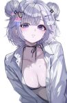  1girl absurdres ayatsuno_yuni bikini black_bikini breasts cleavage collared_shirt commentary double_bun grey_hair hair_bun hair_ornament hairclip heart heart_hair_ornament heart_tattoo highres kkato large_breasts looking_at_viewer medium_hair multiple_hairclips open_clothes open_shirt parted_lips purple_eyes shirt simple_background smile solo star-shaped_pupils star_(symbol) stellive swimsuit symbol-shaped_pupils tattoo too_many_hair_ornaments untranslatable_commentary upper_body virtual_youtuber white_background white_shirt winged_hair_ornament 