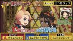  1girl 2boys :d ahoge blonde_hair blue_eyes blurry blurry_background brown_jacket commentary_request dark-skinned_male dark_skin eyelashes game_show harmony_(pokemon) jacket loose_hair_strand multiple_boys naveen_(pokemon) open_mouth pokemon pokemon_legends:_z-a ponytail shirt smile sparkle sweatdrop teeth translation_request urbain_(pokemon) yukinoko2200 