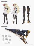  1girl ahoge blonde_hair blue_capelet blue_eyes capelet closed_mouth commentary_request crossed_arms cyborg dress full_body gun hair_intakes hairband highres huge_weapon ichiyon joints light_smile long_hair looking_at_viewer mechanical_legs multiple_views neckerchief original pouch red_hairband red_neckerchief reference_sheet revolver robot_joints science_fiction short_sleeves shorts smile solo twitter_username very_long_hair weapon weapon_on_back white_background white_dress white_shorts 