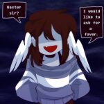  1other arms_behind_back black_choker brown_hair choker colored_skin commentary deltarune english_commentary english_text fang feathered_wings grey_skin grey_sweater head_wings long_sleeves maciemacchi medium_hair off-shoulder_sweater off_shoulder open_mouth other_focus shaded_face simple_background skin_fang solo speech_bubble straight-on striped_clothes striped_sweater sweater tank_top upper_body utdr_(toby_fox) vessel_(deltarune) wings 
