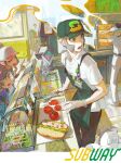  1girl 3boys absurdres apron baseball_cap black_vest blue_jacket brothers cash_register cashier chain chain_headband commentary_request counter eelektross emmet_(pokemon) employee_uniform fast_food fast_food_uniform food gloves green_apron grey_hair hat high_ponytail highres hilbert_(pokemon) hilda_(pokemon) holding holding_food holding_knife holding_sandwich ingo_(pokemon) jacket knife lettuce lightyear253733 meatball multiple_boys one_eye_closed open_clothes open_mouth open_vest peaked_cap pointing poke_ball_print pokemon pokemon_black_and_white ponytail sandwich siblings sideburns sidelocks submarine_sandwich subway_(company) tomato twins vest wristband zipper_pull_tab 