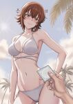  1girl 1other absurdres anger_vein bikini blue_sky breasts brown_eyes brown_hair cloud condom condom_wrapper cowboy_shot day flipped_hair from_below grand_blue hand_on_own_hip highres kotegawa_chisa looking_at_viewer multi-strapped_bikini_top outdoors palm_tree rina_lan_sur short_hair side-tie_bikini_bottom sky swimsuit tree wavy_mouth white_bikini 