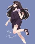  1girl arms_at_sides belt black_hair breasts commentary_request dress english_text facing_to_the_side highres inoue_takina long_hair looking_ahead lycoris_recoil parted_lips pinafore_dress purple_background purple_eyes purple_shirt purple_shoes red_rum_rainy sandals shirt shoes short_sleeves shorts simple_background sleeveless sleeveless_dress small_breasts solo standing standing_on_one_leg t-shirt 