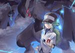  1boy bangle black_hat blue_eyes bracelet closed_mouth collared_shirt commentary_request electricity green_hair hair_between_eyes hat holding holding_poke_ball jewelry long_hair male_focus n_(pokemon) pants poke_ball poke_ball_(basic) pokemon pokemon_(creature) pokemon_black_and_white shirt undershirt yukinoko2200 zekrom 