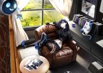  1girl ahoge armchair asymmetrical_clothes asymmetrical_hair asymmetrical_pants ayase_yuu ayase_yuu_(1st_costume) belt black_belt black_gloves black_hair black_pants black_shirt black_shoes black_thighhighs blue_eyes blue_streaks book breast_pocket breasts cat chair character_name chest_harness collared_shirt crop_top cropped_shirt cross cross_earrings cup curtains day desk earrings fingerless_gloves flower_tattoo frown gloves harness high_heels indoors jewelry joshua_(ayase_yuu) kannagi_loki kannagi_loki_(1st_costume) large_breasts leaf_tattoo leather leg_tattoo looking_at_viewer magazine_(object) medium_hair midriff mug multicolored_hair navel non-humanoid_robot on_chair pants phase_connect photo_background picture_frame plant pocket prosthesis prosthetic_leg reclining robot sebakanken shirt shoes single_pantsleg single_thighhigh stiletto_heels stomach_tattoo streaked_hair table tattoo thigh_strap thighhighs underbust virtual_youtuber window yuunion_(ayase_yuu) 