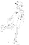  1girl absurdres animal_ears arknights bracelet choker clipboard cloak commentary cross flying_sweatdrops fox_ears fox_girl fox_tail from_side full_body greyscale highres holding holding_clipboard hood hood_down hooded_cloak infection_monitor_(arknights) jewelry long_sleeves medium_hair monochrome open_mouth pantyhose raised_inner_eyebrows red_cross shoes simple_background sketch sneakers solo standing standing_on_one_leg sussurro_(arknights) tail thigh_strap timitarcat white_background 