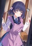  1girl :3 absurdres adversarial_noise amazon_(company) apron black_dress blue_eyes blue_hair blue_ribbon blunt_bangs blush box brown_shoes cardboard_box closed_mouth collared_shirt commentary_request cowboy_shot doorway dress gakuen_idolmaster hataya_misuzu highres holding holding_ladle idolmaster ladle long_sleeves neck_ribbon pinafore_dress pink_apron ribbon shirt shoes short_hair sleeveless sleeveless_dress smile solo unworn_shoes watermark white_shirt wooden_floor yukikawa_juri 