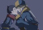  2boys absurdres black_hair blonde_hair boots commentary_request from_side grey_background hand_on_another's_head hat highres jacket jumpsuit light_blush looking_at_another male_focus multiple_boys open_mouth pokemon pokemon_legends:_arceus red_scarf rei_(pokemon) scarf short_hair sidelocks simple_background smile tearing_up volo_(pokemon) yaoi yukinoko2200 