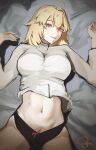  1girl antenna_hair arcueid_brunestud black_panties blanket blonde_hair blush bow bow_panties breasts commentary grin hair_between_eyes highres jewelry large_breasts looking_at_viewer navel necklace on_bed on_blanket pale_skin panties red_bow red_eyes salsa_dance short_hair sidelocks smile solo stomach sweater thighs tsukihime tsukihime_(remake) turtleneck turtleneck_sweater underwear white_sweater 
