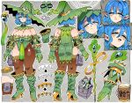  1girl alcohol beer_mug blue_eyes blue_hair blush boots bottle bracelet breasts cleavage commentary cup elbow_gloves elf english_commentary equipment_layout gloves green_boots green_gloves green_hat green_leotard grey_background half-closed_eyes hat high_heel_boots high_heels infinity_symbol jewelry kafun large_breasts leotard looking_at_viewer mage_staff medium_hair mug multiple_expressions multiple_views open_mouth original pendant pointy_ears pouch reference_sheet ribbed_leotard sake single_thighhigh skindentation smile staff thigh_pouch thighhighs witch witch_hat 
