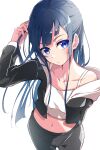  1girl black_jacket black_pants blue_hair camisole closed_mouth comadori09 commentary_request cowboy_shot from_above highres jacket kurogane_ren long_hair midriff navel open_clothes open_jacket pants purple_eyes shine_post simple_background solo white_background white_camisole yoga_pants 