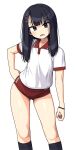  1girl black_eyes black_hair black_socks bracelet buruma commentary_request contrapposto gym_uniform hand_on_own_hip highres jewelry kneehighs light_blush long_hair maruput open_mouth original polo_shirt red_buruma shirt short_sleeves simple_background socks solo white_background white_shirt 