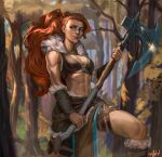  abs armor autumn_leaves axe barbarian battle_axe bikini_armor blue_eyes breasts cleavage commentary commission english_commentary forest fur_trim highres holding holding_axe leaf loincloth long_hair looking_to_the_side muscular muscular_female nature original painterly ponytail red_hair signature skirt vambraces weapon ymrrart 