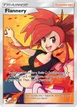  1girl clenched_hand commentary commission embers english_commentary english_text flannery_(pokemon) holding holding_poke_ball looking_at_viewer midriff navel open_mouth poke_ball poke_ball_(basic) pokemon pokemon_omega_ruby_and_alpha_sapphire pokemon_tcg red_eyes red_hair shirt smile solo tied_shirt vergolophus 