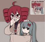  2girls ahoge aqua_eyes aqua_hair arms_around_another's_waist black_shirt bow brown_background coat commentary_request double-parted_bangs drill_hair frown grey_background hair_between_eyes hair_tie hand_on_another's_head hand_on_own_face hatsune_miku headpat high_collar highres hug id_card kasane_teto korean_commentary lab_coat lanyard mozzaraccoon multiple_girls pensive pout red-framed_eyewear red_bow red_eyes red_hair reference_inset semi-rimless_eyewear shirt synthesizer_v twin_drills twintails two-tone_background under-rim_eyewear utau vocaloid white_coat wide_sleeves yararara_(synthesizer_v) yuri 