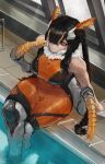  1girl absurdres antennae arthropod_girl arthropod_limbs black_hair black_sclera braid colored_sclera commentary crossed_legs english_commentary highres indie_virtual_youtuber juniper_actias juniper_actias_(tactical) monster_girl moth_antennae moth_girl neck_fur orange_eyes pool rowanvtuber solo thighs twin_braids virtual_youtuber water wet wide_hips 