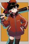  1girl alternate_costume baseball_bat black_thighhighs bollzzalguy border bow brown_eyes brown_hair closed_mouth commentary contemporary frilled_bow frilled_hair_tubes frills grey_border hair_bow hair_tubes hakurei_reimu hand_in_pocket highres holding holding_baseball_bat jacket long_hair long_sleeves outside_border ponytail red_bow red_jacket skindentation solo thighhighs touhou track_jacket yellow_background zipper 