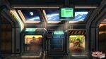  bonsai book can commentary copyright_name earth_(planet) english_commentary highres industrial_pipe monitor moon no_humans official_art planet plant potted_plant refrigerator scenery space spacecraft_interior untitled_hand_game:titled_edition waltjan window 