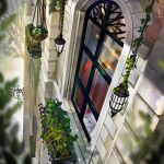  1girl bare_tree blurry blurry_foreground chain commentary_request flower green_eyes grey_hair hanging_light nyantyubosi original outdoors plant purple_flower scenery solo tree vines window 