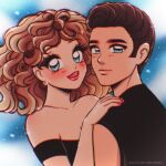  1980s_(style) 1boy 1girl album_cover_redraw animification black_dress black_shirt blonde_hair blue_eyes blush brown_hair couple curly_hair danny_zuko derivative_work dress earrings grease_(musical) hetero highres jewelry looking_at_viewer misobowl red_lips red_nails retro_artstyle sandy_dumbrowski shirt 