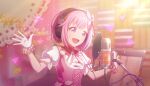  1girl :d blunt_bangs blurry blurry_background bob_cut bow breasts collar colorful_palette cross-laced_clothes cross-laced_vest detached_collar dot_nose english_text frilled_gloves frills game_asset gloves hair_bow hair_flaps happy happy_birthday headphones highres jewelry light_blush light_particles looking_afar microphone musical_staff necklace official_art ootori_emu open_mouth outstretched_arms pink_collar pink_eyes pink_hair pink_theme pink_vest project_sekai puffy_short_sleeves puffy_sleeves short_hair short_sleeves sidelighting small_breasts smile solo standing striped_collar studio_microphone sweatdrop third-party_source tongue triangle upper_body vest white_bow white_gloves yellow_collar yellow_trim 