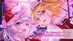  2girls alto2019 ascot blonde_hair blue_hair collared_shirt commentary_request crystal crystal_wings flandre_scarlet frilled_shirt_collar frills hat hat_ribbon mob_cap multicolored_wings multiple_girls open_mouth pink_hat pink_shirt red_ascot red_eyes red_vest remilia_scarlet ribbon sample_watermark shirt siblings sisters smile touhou translation_request vest watermark white_hat white_shirt wings 